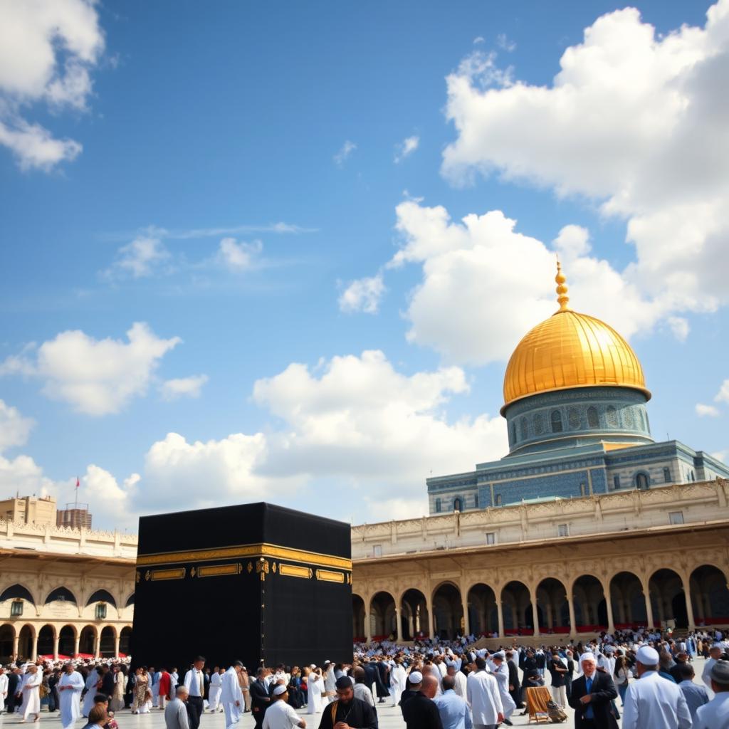 A beautifully composed image featuring both the Kaaba and Al Aqsa Mosque within the same frame