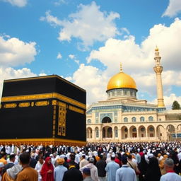 A beautifully composed image featuring both the Kaaba and Al Aqsa Mosque within the same frame