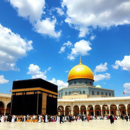 A beautifully composed image featuring both the Kaaba and Al Aqsa Mosque within the same frame