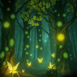 A mystical forest scene with towering enchanted trees, featuring soft luminescent leaves that emit a magical glow