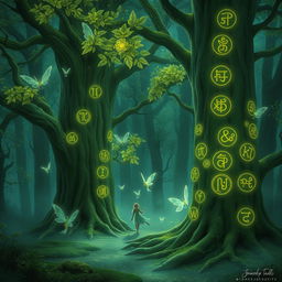 A mystical forest scene with towering enchanted trees, featuring soft luminescent leaves that emit a magical glow