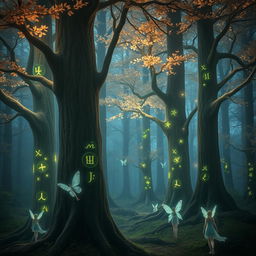 A mystical forest scene with towering enchanted trees, featuring soft luminescent leaves that emit a magical glow