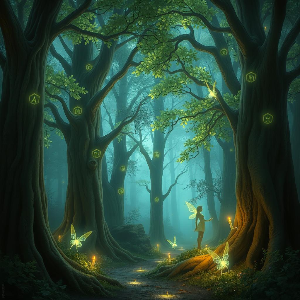 A mystical forest scene with towering enchanted trees, featuring soft luminescent leaves that emit a magical glow