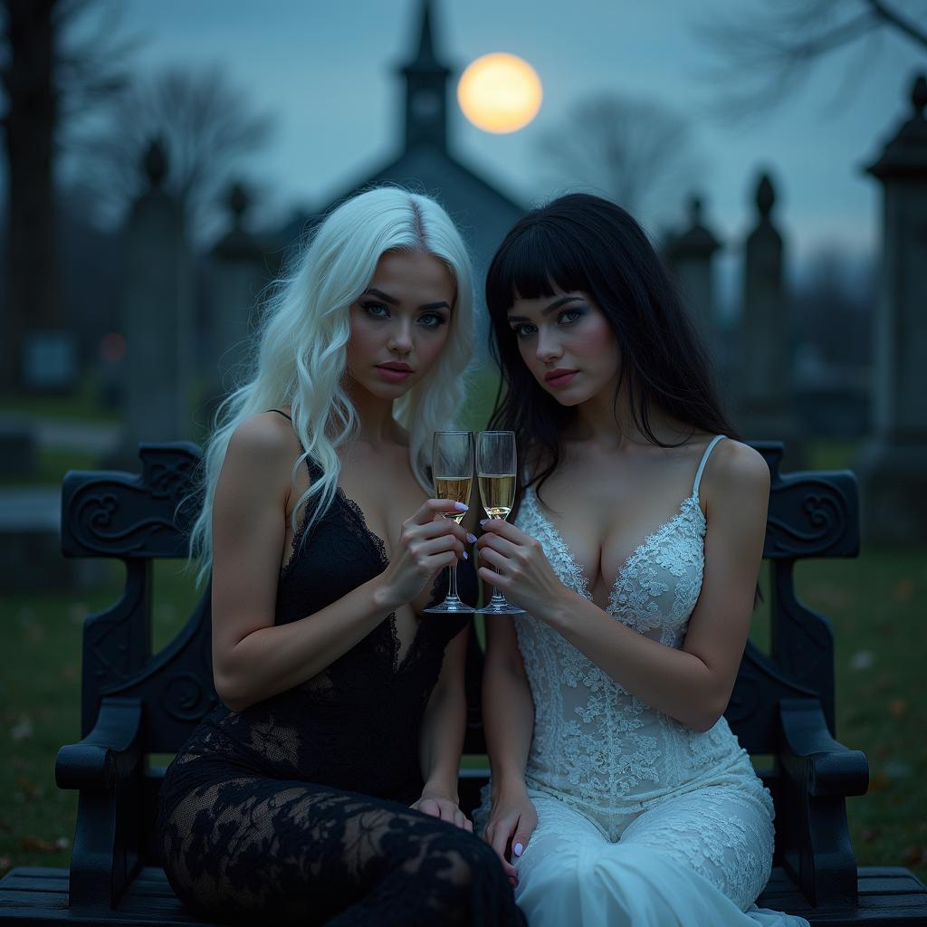 A very beautiful, attractive, stunning, curvy young woman with half white and half black hair, elegantly dressed in a very tight low-cut black lace gown