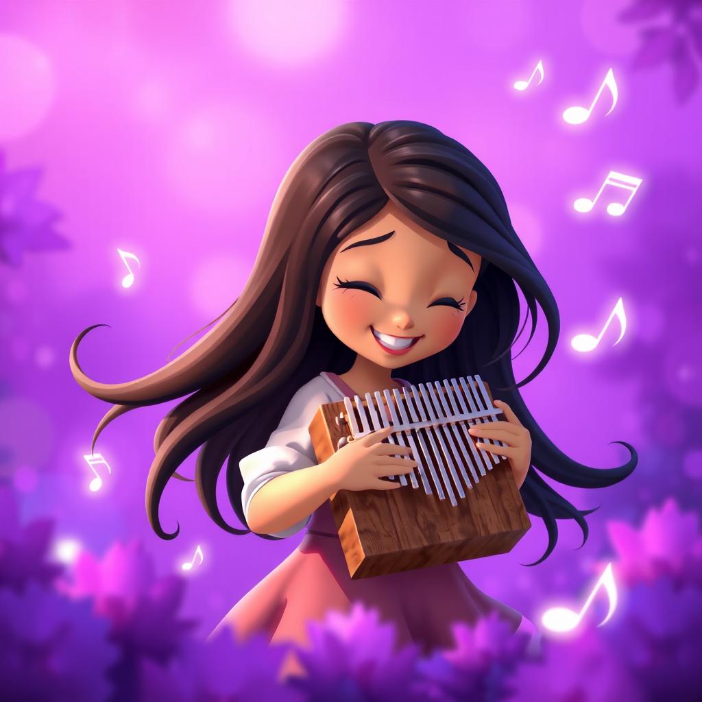 An animated scene featuring a girl playing a kalimba, surrounded by a beautiful purple background