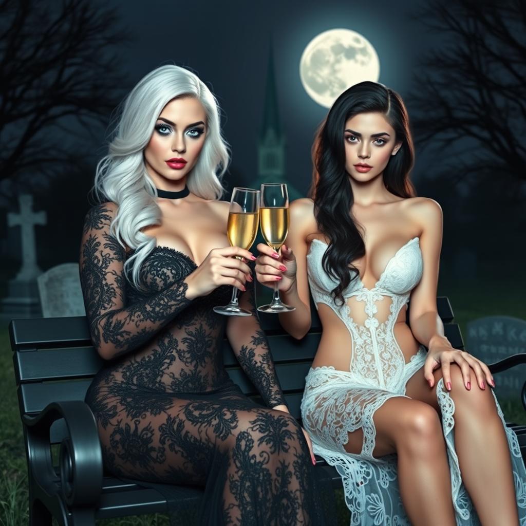 A very beautiful, attractive, stunning, curvy shapely young woman with half white and half black hair, dressed in a very tight low-cut black lace gown