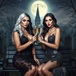 A very beautiful, attractive, stunning, curvy shapely young woman with half white and half black hair, dressed in a very tight low-cut black lace gown