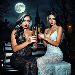 A very beautiful, attractive, stunning, curvy shapely young woman with half white and half black hair, dressed in a very tight low-cut black lace gown