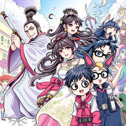 A colorful and dynamic illustration of various manhua styles featuring a diverse cast of characters