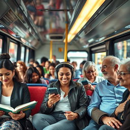 A diverse group of people sitting comfortably on a city bus, engaged in various activities