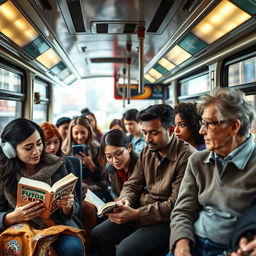 A diverse group of people sitting comfortably on a city bus, engaged in various activities