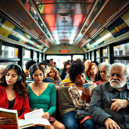 A diverse group of people sitting comfortably on a city bus, engaged in various activities