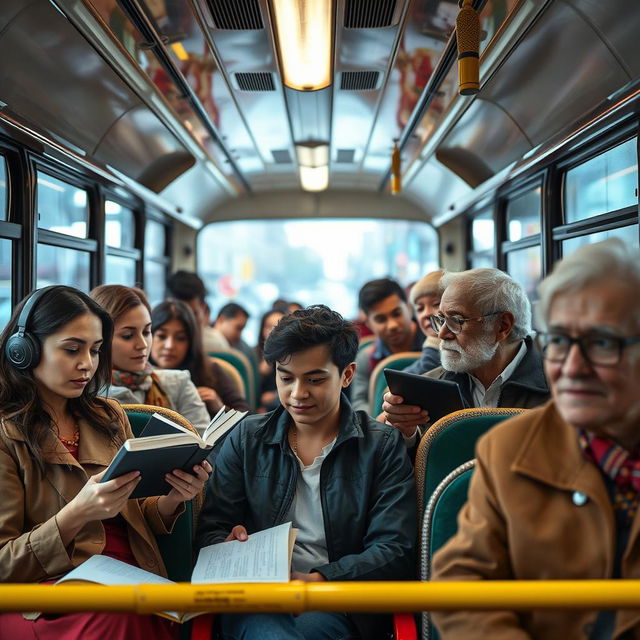 A diverse group of people sitting comfortably on a city bus, engaged in various activities