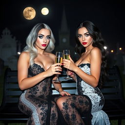 A very beautiful, attractive, stunning, curvy shapely young woman with half white and half black hair, dressed in a very tight low-cut black lace gown