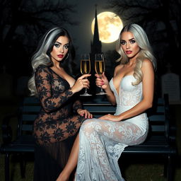 A very beautiful, attractive, stunning, curvy shapely young woman with half white and half black hair, dressed in a very tight low-cut black lace gown