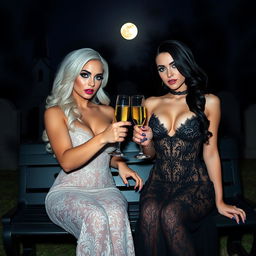 A very beautiful, attractive, stunning, curvy shapely young woman with half white and half black hair, dressed in a very tight low-cut black lace gown