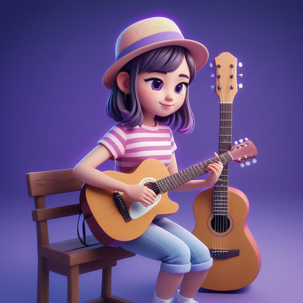 make a photo with purple background and a girl playing guitar . photo should be animation