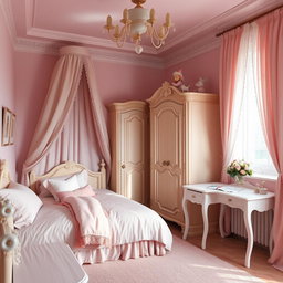 A cozy European-style bedroom designed for a young girl, featuring pastel pink color scheme throughout