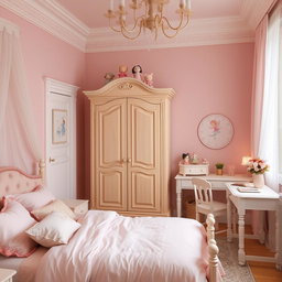 A cozy European-style bedroom designed for a young girl, featuring pastel pink color scheme throughout