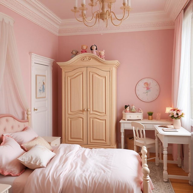 A cozy European-style bedroom designed for a young girl, featuring pastel pink color scheme throughout