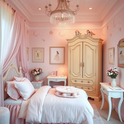 A cozy European-style bedroom designed for a young girl, featuring pastel pink color scheme throughout