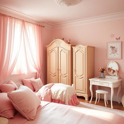 A cozy European-style bedroom designed for a young girl, featuring pastel pink color scheme throughout