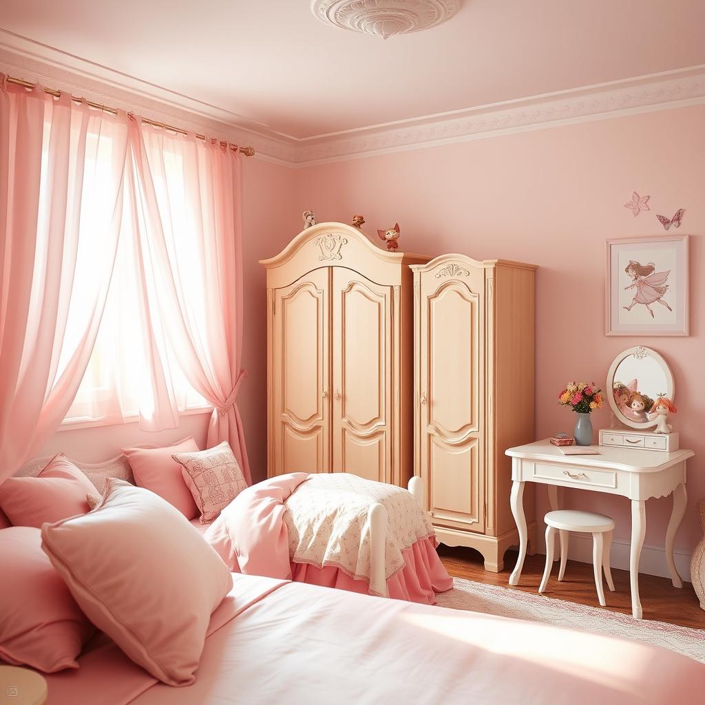 A cozy European-style bedroom designed for a young girl, featuring pastel pink color scheme throughout