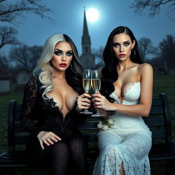 A very beautiful, attractive, stunning, curvy shapely young woman with half white and half black hair, dressed in a very tight low-cut black lace gown