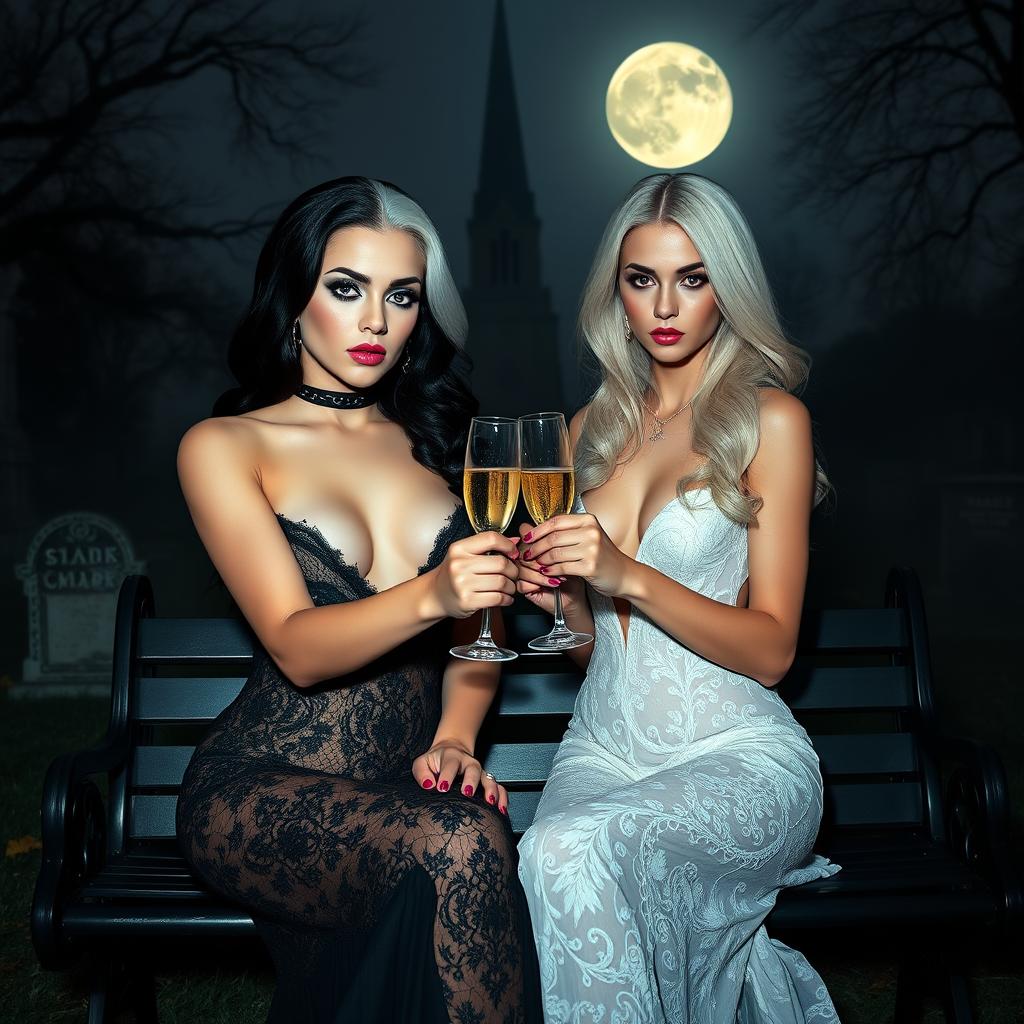A very beautiful, attractive, stunning, curvy shapely young woman with half white and half black hair, dressed in a very tight low-cut black lace gown