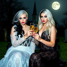 A very beautiful, attractive, stunning, curvy shapely young woman with half white and half black hair, dressed in a very tight low-cut black lace gown