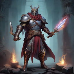 Create a fantastical character immersed in the world of Dungeons and Dragons, outfitted in heroic armor, holding magical items, standing sternly in a mysterious dungeon.