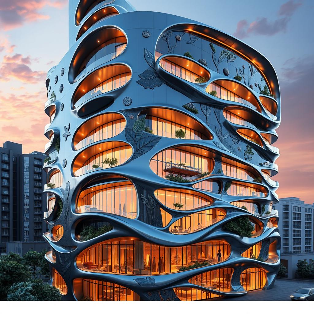 A highly detailed rendering of a 20-story, 80-meter building designed in a bionic architectural style