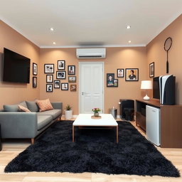 A cozy living room featuring a stylish gray sofa, a sleek white coffee table, and a 42-inch modern TV mounted on the wall