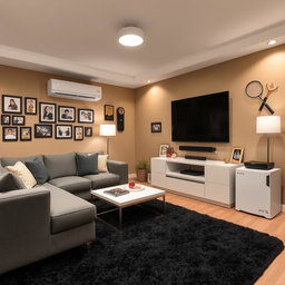 A cozy living room featuring a stylish gray sofa, a sleek white coffee table, and a 42-inch modern TV mounted on the wall