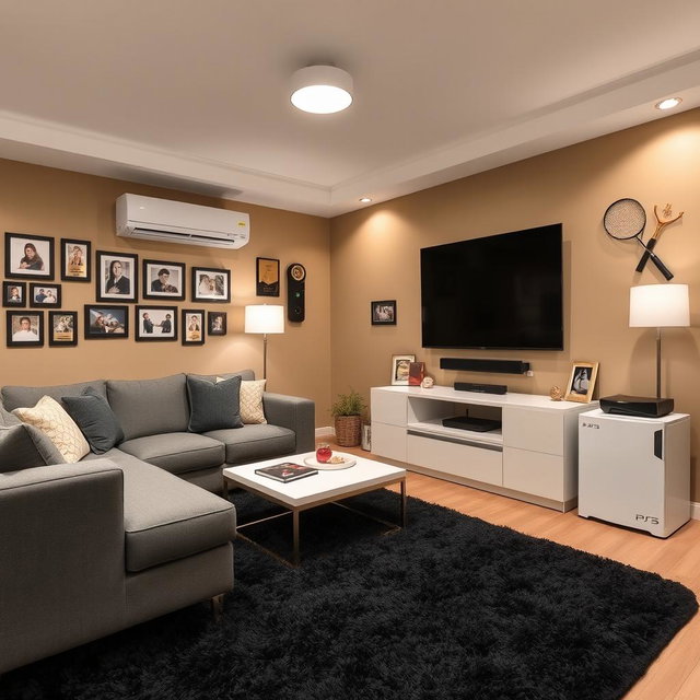 A cozy living room featuring a stylish gray sofa, a sleek white coffee table, and a 42-inch modern TV mounted on the wall