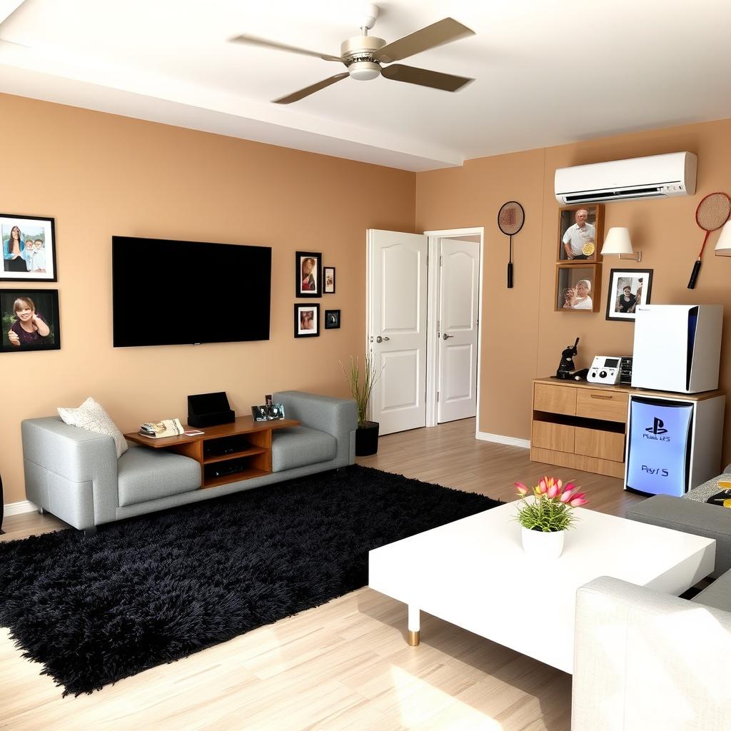 A cozy living room featuring a stylish gray sofa, a sleek white coffee table, and a 42-inch modern TV mounted on the wall