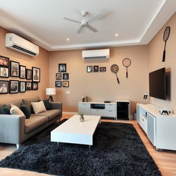 A cozy living room featuring a stylish gray sofa, a sleek white coffee table, and a 42-inch modern TV mounted on the wall