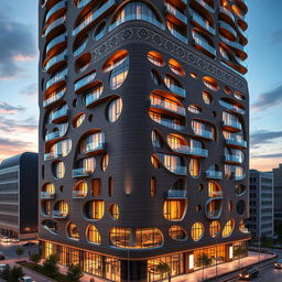 A high-detail rendering of a 20-story, 80-meter building that creatively combines bionic architecture with traditional Iranian design