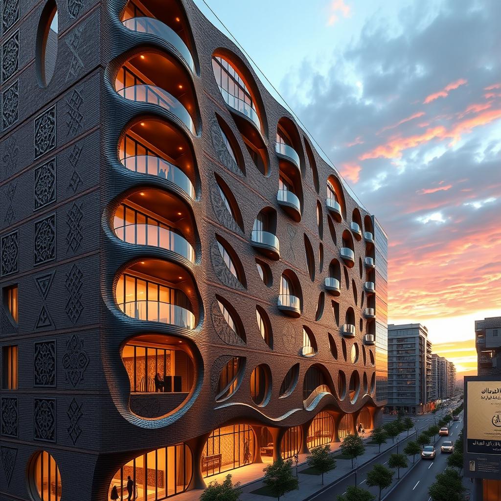 A high-detail rendering of a 20-story, 80-meter building that creatively combines bionic architecture with traditional Iranian design