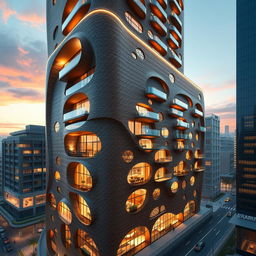 A high-detail rendering of a 20-story, 80-meter building that creatively combines bionic architecture with traditional Iranian design