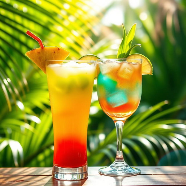 A close-up of two elegant cocktail glasses filled with colorful tropical drinks, garnished with fresh fruit slices like pineapple and lime, served on a wooden table with a lush green tropical background