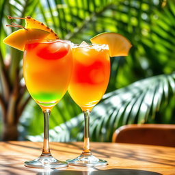 A close-up of two elegant cocktail glasses filled with colorful tropical drinks, garnished with fresh fruit slices like pineapple and lime, served on a wooden table with a lush green tropical background