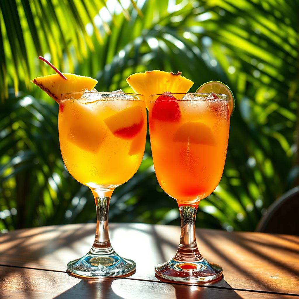 A close-up of two elegant cocktail glasses filled with colorful tropical drinks, garnished with fresh fruit slices like pineapple and lime, served on a wooden table with a lush green tropical background