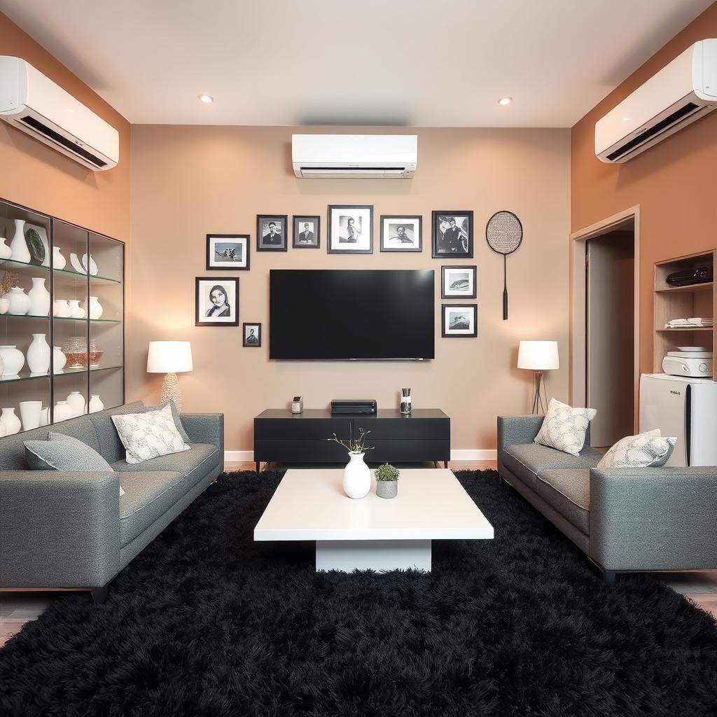 A stylish living room featuring a modern gray sofa, complemented by a sleek white coffee table at its center
