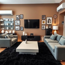 A stylish living room featuring a modern gray sofa, complemented by a sleek white coffee table at its center