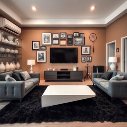 A stylish living room featuring a modern gray sofa, complemented by a sleek white coffee table at its center
