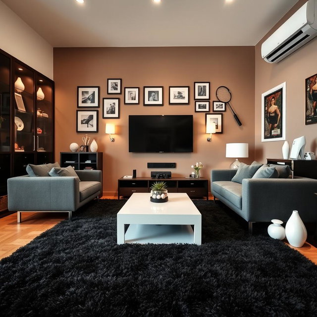 A stylish living room featuring a modern gray sofa, complemented by a sleek white coffee table at its center