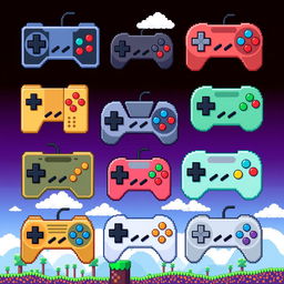 A colorful array of various 8-bit gamepads, featuring different designs and colors