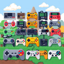 A colorful array of various 8-bit gamepads, featuring different designs and colors