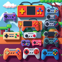 A colorful array of various 8-bit gamepads, featuring different designs and colors